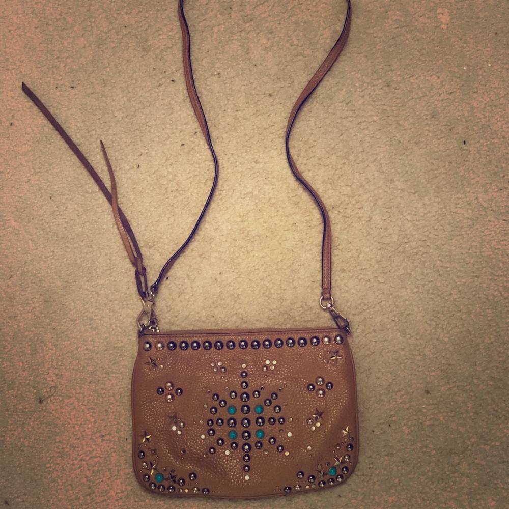 Beige leather purse with rhinestone detail